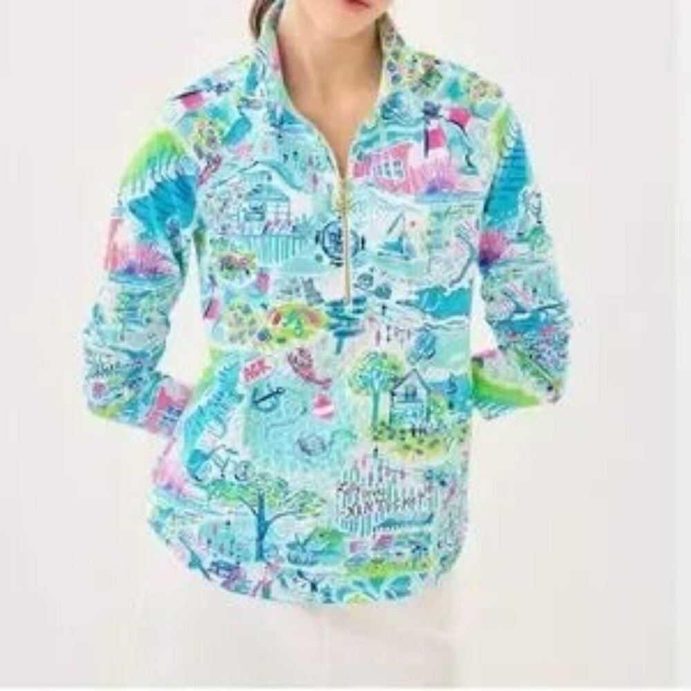 NWT Lilly Pulitzer UPF 50+ Skipper Popover Whisper Blue Lilly Loves Nantucket L